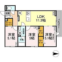 東武大師線 大師前駅 徒歩11分の賃貸アパート 3階3LDKの間取り
