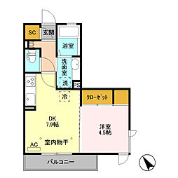 グランポワール　住居 2階1DKの間取り