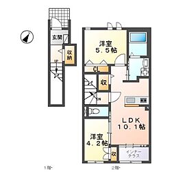 名鉄瀬戸線 印場駅 徒歩20分の賃貸アパート 2階2LDKの間取り