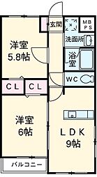 アンヴィラージュI 2階2LDKの間取り