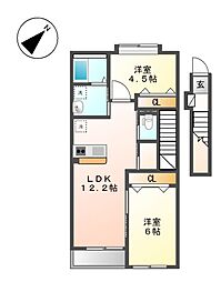 京王相模原線 南大沢駅 徒歩21分の賃貸アパート 2階2LDKの間取り