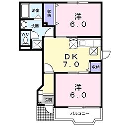 エクセレントメゾンＢ 1階2DKの間取り
