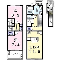 名古屋市営鶴舞線 八事駅 バス10分 天白中学校前下車 徒歩4分の賃貸アパート 2階2LDKの間取り