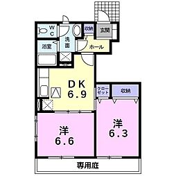 ソレイユ冨貴Ｂ 1階2DKの間取り