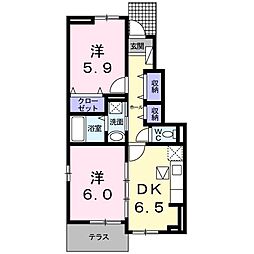 ソレイユ四ツ谷B 2DKの間取図画像