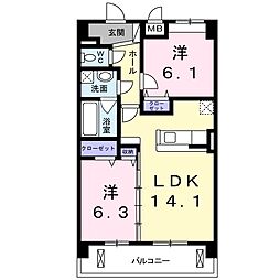 つくばエクスプレス 柏たなか駅 徒歩9分の賃貸マンション 3階2LDKの間取り