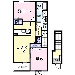 サンライト若松　II 2階2LDKの間取り