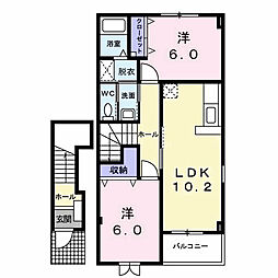 JR両毛線 国定駅 徒歩33分の賃貸アパート 2階2LDKの間取り