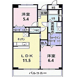 ビエント　ナイン 3階2LDKの間取り