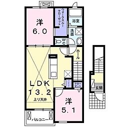 関東鉄道常総線 大宝駅 4.4kmの賃貸アパート 2階2LDKの間取り