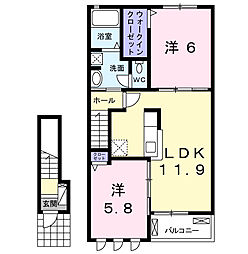 コンフォルターブル鹿嶋II 2階2LDKの間取り