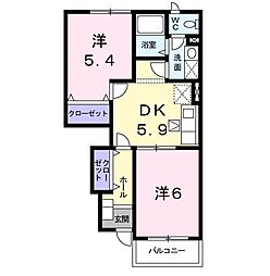 クラベールB 2DKの間取図画像