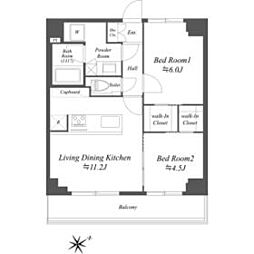 東京メトロ南北線 白金台駅 徒歩11分の賃貸マンション 6階2LDKの間取り