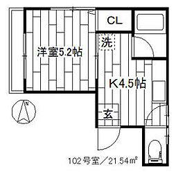 エクセル北町 1Kの間取図画像