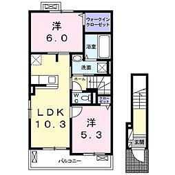 近鉄京都線 大久保駅 バス12分 佐古下車 徒歩10分の賃貸アパート 2階2LDKの間取り