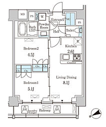 JR山手線 渋谷駅 徒歩15分の賃貸マンション 6階2LDKの間取り