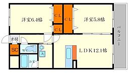 阪急箕面線 桜井駅 徒歩17分の賃貸マンション 2階2LDKの間取り