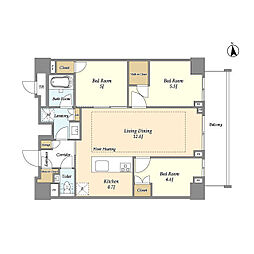 都営大江戸線 牛込柳町駅 徒歩6分の賃貸マンション 5階3LDKの間取り