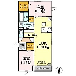 アナシエ鹿浜 1階2LDKの間取り