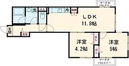 フォセット池田山 5階2LDKの間取り