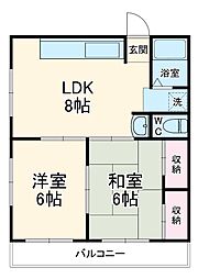 ベルーライト21 2階2DKの間取り