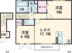 サニーフラット 2階2LDKの間取り
