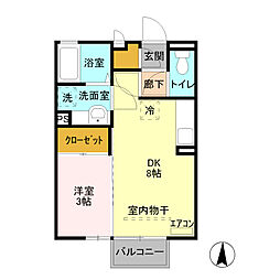 アビターレ狸塚 2階1DKの間取り