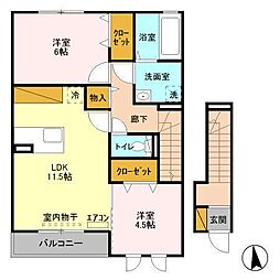 つくばエクスプレス 流山おおたかの森駅 徒歩24分の賃貸アパート 2階2LDKの間取り