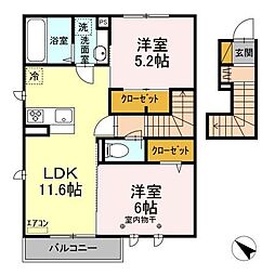 東武野田線 梅郷駅 徒歩7分の賃貸アパート 2階2LDKの間取り