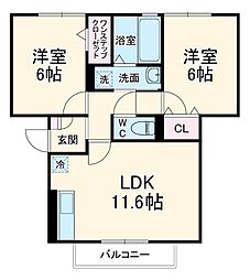 東武伊勢崎線 草加駅 バス15分 八幡中学校入口下車 徒歩3分の賃貸アパート 2階2LDKの間取り