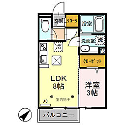 クラリス三吉 1階1LDKの間取り