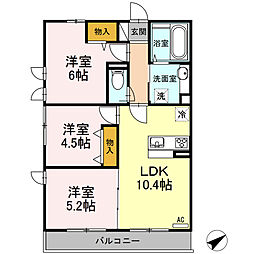 JR横浜線 相模原駅 徒歩12分の賃貸アパート 3階3LDKの間取り