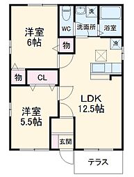 中里戸建て1 1階2LDKの間取り