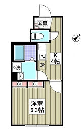 ヒュッゲII 1階1Kの間取り