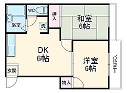レジデンス岡野I 2階2DKの間取り