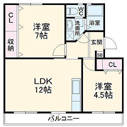 上中の原団地1号棟 1階2LDKの間取り