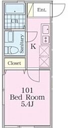 ミライハイツ深田台 2階1Kの間取り