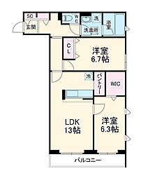 名古屋市営東山線 一社駅 徒歩12分の賃貸マンション 3階2LDKの間取り