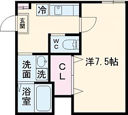 ビエノス京都花園 2階1Kの間取り
