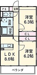 マーレ荘高浜 4階2LDKの間取り