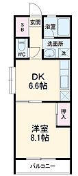 バードタウン8番館 2階1DKの間取り