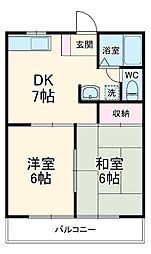 第5磯部コーポ 3階2DKの間取り