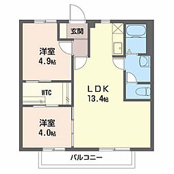 フォーレス西田B 2階2LDKの間取り