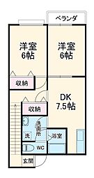 ファミールヤマモト 2階2DKの間取り