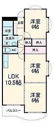 名古屋市営鶴舞線 八事駅 徒歩10分の賃貸マンション 2階3LDKの間取り