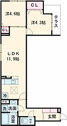 セレスティア扇III 2階2LDKの間取り