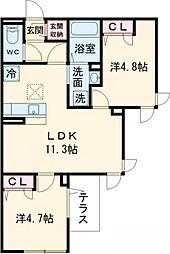 セレスティア扇III 3階2LDKの間取り