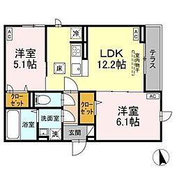 D-ROOM田町B 1階2LDKの間取り