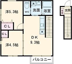メゾンジェム 2階2DKの間取り