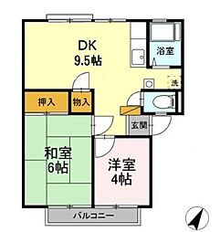 ヴィレッジ松本　Ａ棟 2階2DKの間取り